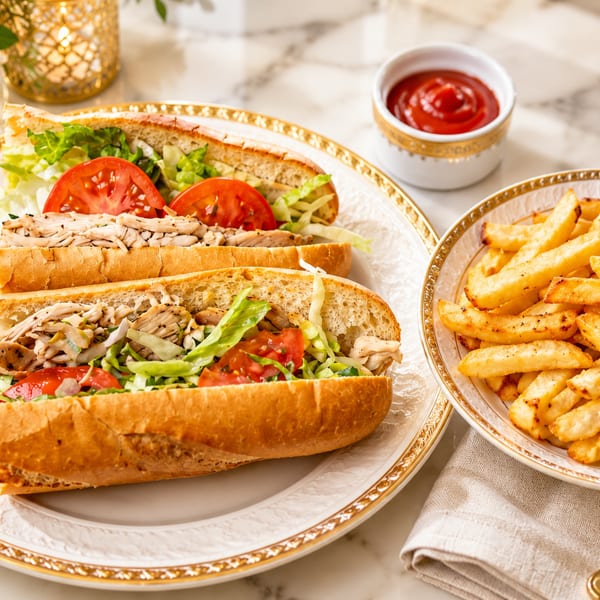 Two chicken sandwiches with lettuce and tomato, served with a side of golden french fries and ketchup.