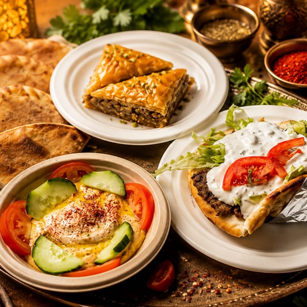 A platter of Middle Eastern food including pita, hummus, baklava, and a gyro, with spices and a lantern.