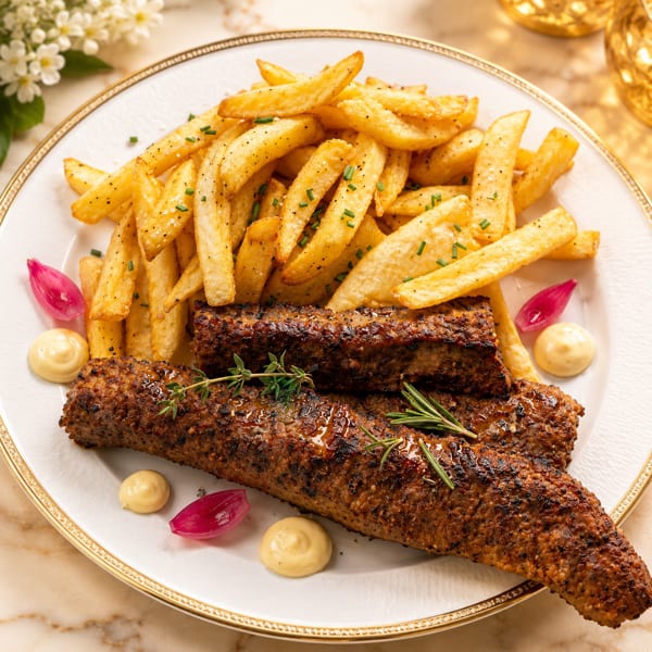 Grilled meat skewers with french fries, garnished with herbs, pickled onions, and sauce on a white plate.